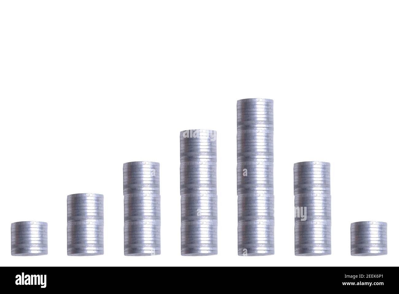 Stack of silver coins with stairs pattern isolated over white ...