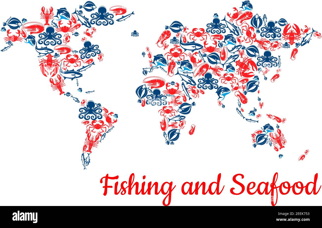 Fishing world map of seafood and fish food. Vector c of lobster and salmon,  shrimp or crab and trout and tuna or carp. Fishery catch flounder and praw  Stock Vector Image 