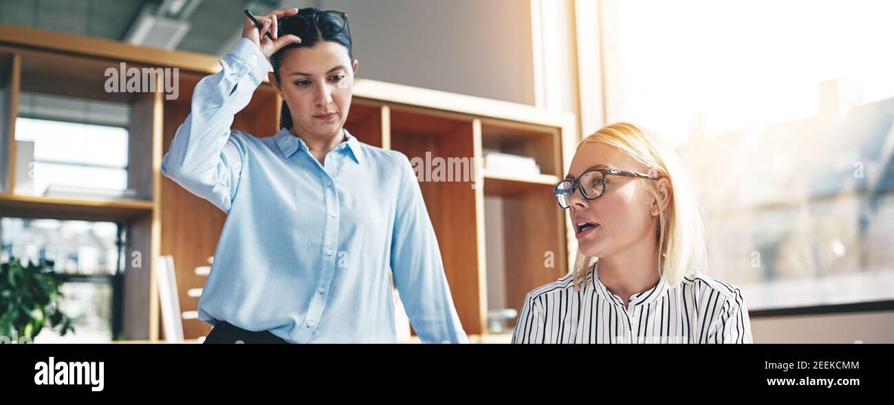 Young businesswoman explaining an idea  during a meeting together in an office with a coworker listening beside her Stock Photo
