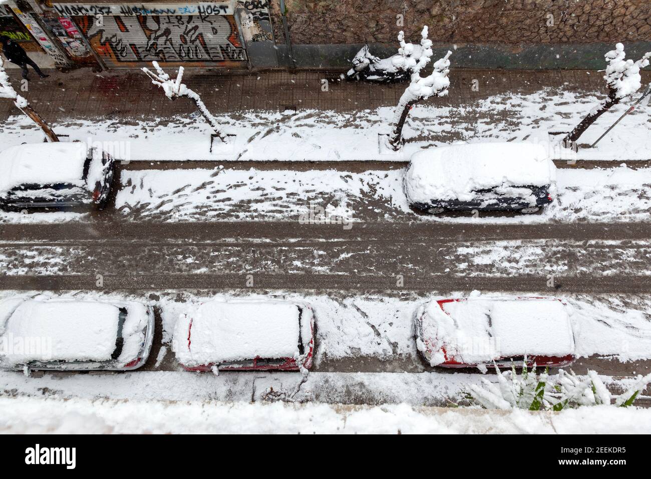 Cars totally covered with snow during snow storm in Eksarchia district, Athens city, the capital of Greece, Europe. Stock Photo