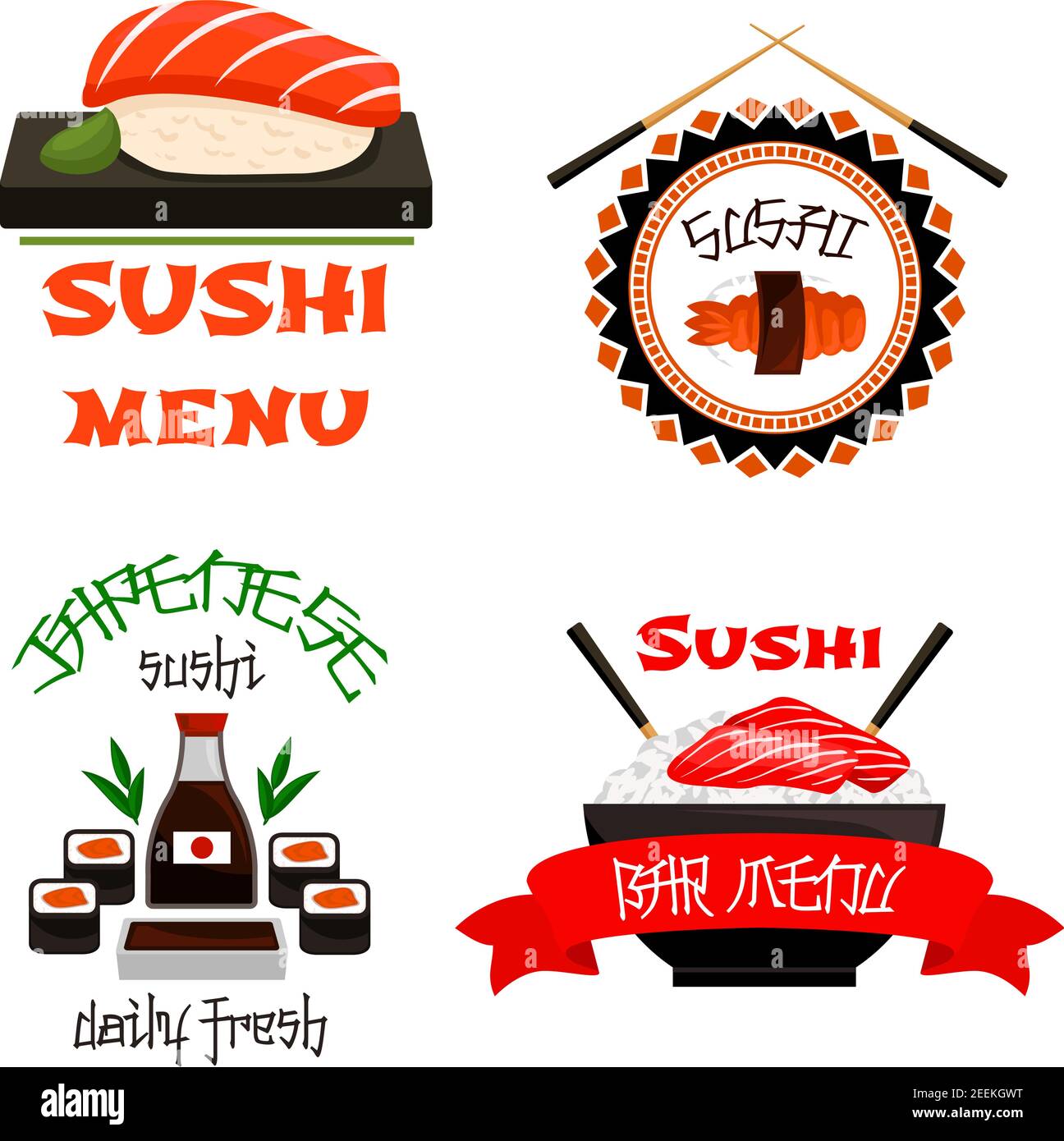 Sushi bar icons for Japanese restaurant cuisine menu template. Vector
