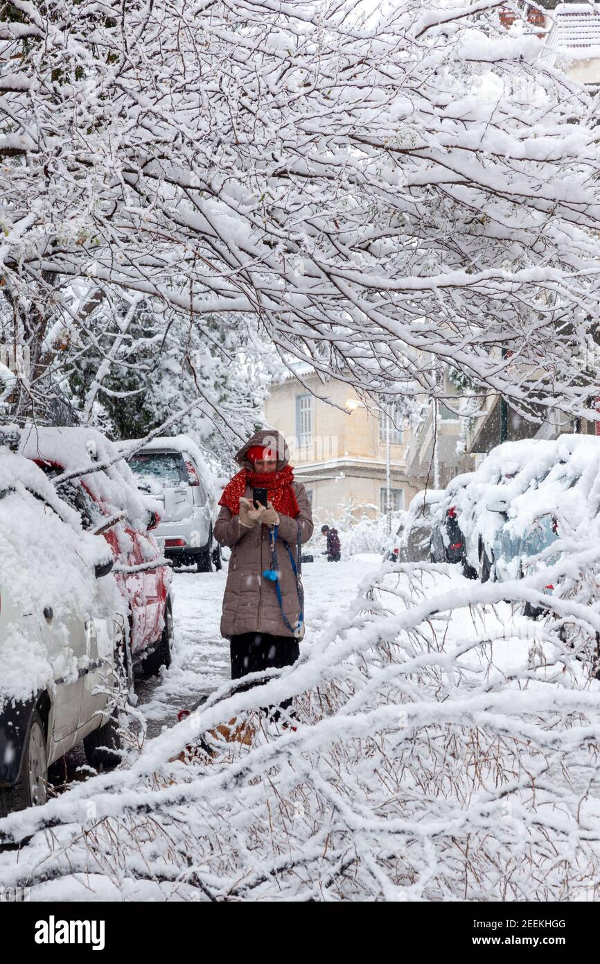 Woman taking picture of a fallen tree on a street during snow storm in Eksarchia district, Athens city, capital of Greece, Europe Stock Photo