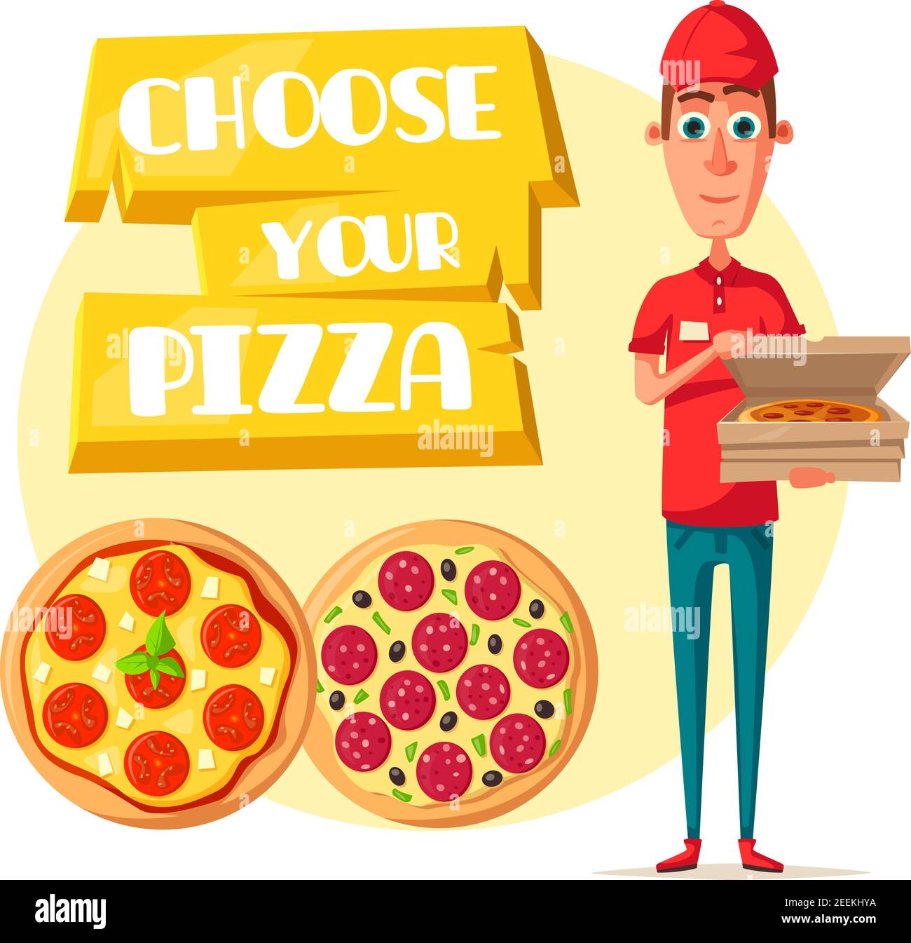 Pizza delivery man cartoon icon. Pizza delivery boy in red uniform holding  open box with fast food pepperoni, vegetable and cheese pizza. Italian rest  Stock Vector Image & Art - Alamy
