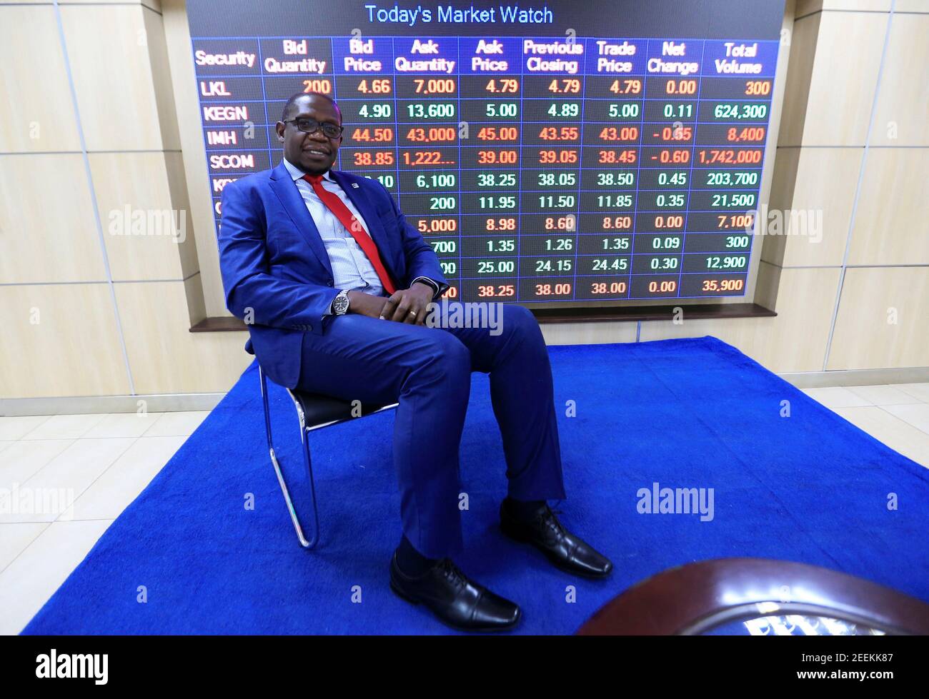 Geoffrey Odundo, chief executive of Nairobi Securities Exchange, attends a Reuters interview at the NSE in Nairobi, Kenya February 16, 2021. REUTERS/Thomas Mukoya Stock Photo