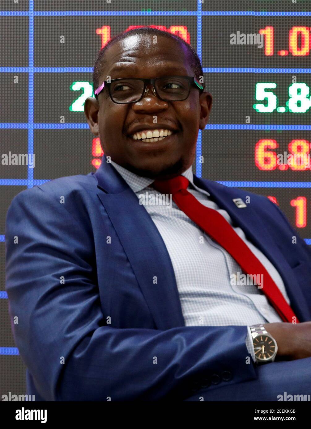 Geoffrey Odundo, chief executive of Nairobi Securities Exchange, attends a Reuters interview at the NSE in Nairobi, Kenya February 16, 2021. REUTERS/Thomas Mukoya Stock Photo