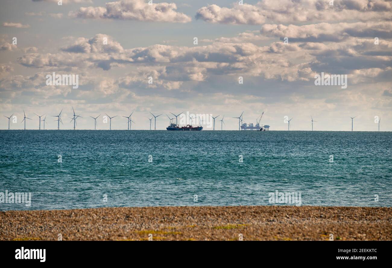 The Rampion offshore wind farm seen from Shoreham Beach, West Sussex UK Stock Photo
