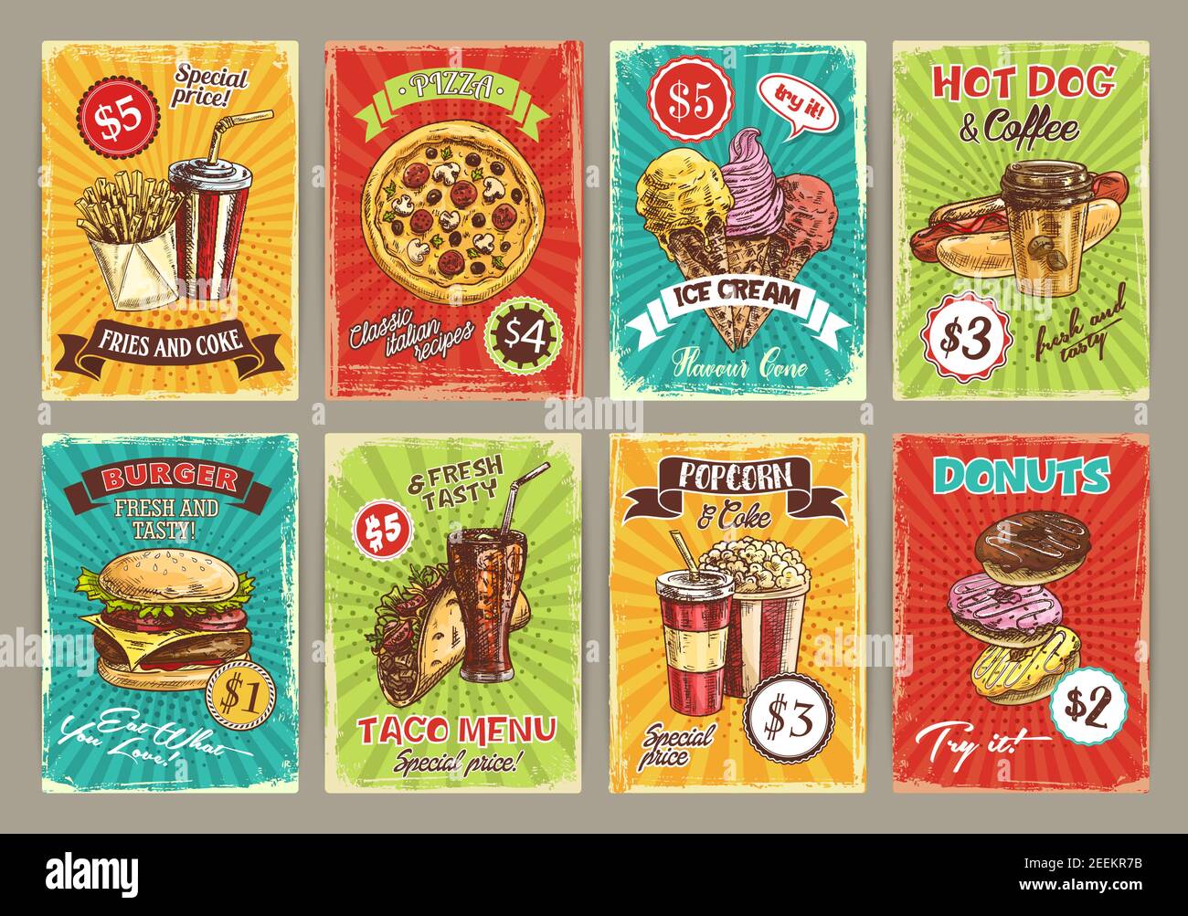 Fast food price cards for fastfood restaurant menu. Vector french fries, soda drink or pizza and