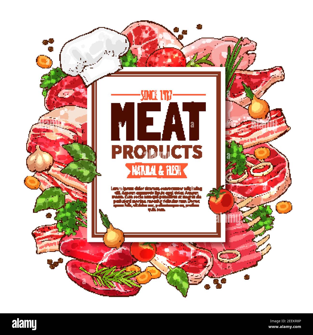 Meat product butcher shop poster. Fresh meat cut of beef steak, pork
