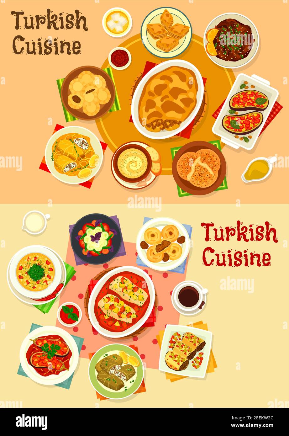 Turkish cuisine dinner icon set. Baked meat and fish with tomato and fruit sauce, vegetable stew and salad, cabbage roll, stuffed eggplant with meat a Stock Vector