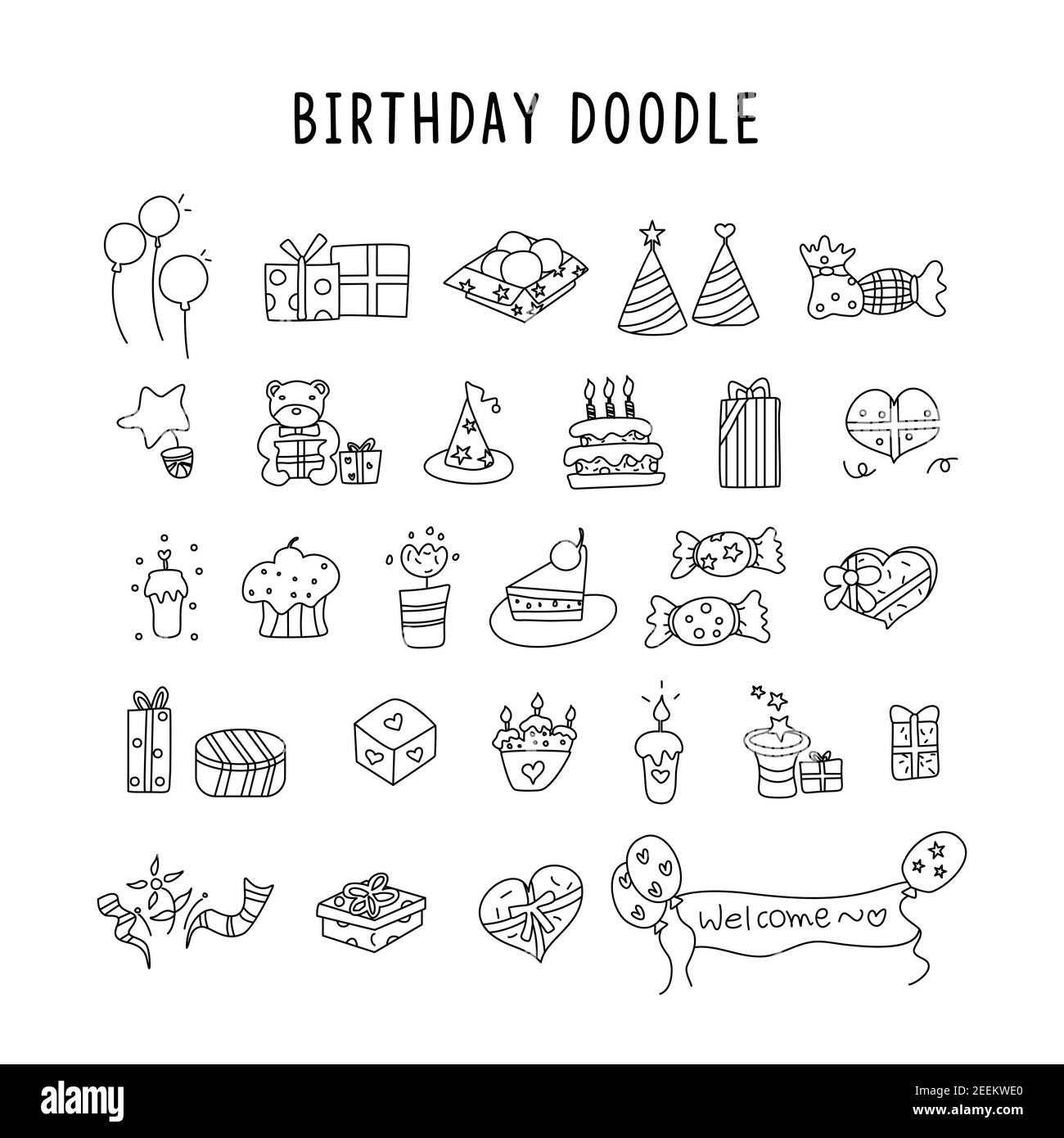 Birthday elements. Hand drawn set with birthday cakes, balloons, gift and festive attributes. Stock Vector
