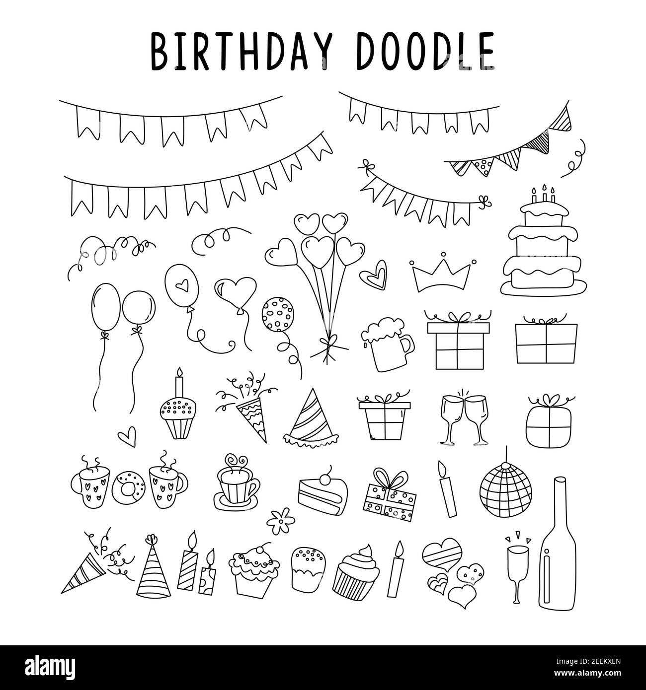 set of element doodle decoration birthday. vector set of elements for birthday and party doodles. set of birthday party collection using doodle art or Stock Vector