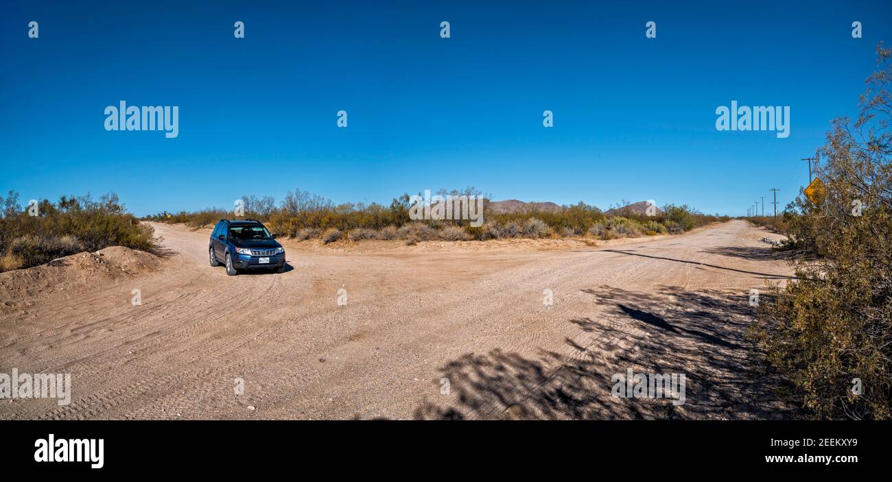 Subaru Forester at Cedar Canyon Road and Ivanpah Road intersection, Lanfair Valley, Mojave National Preserve, California, USA Stock Photo