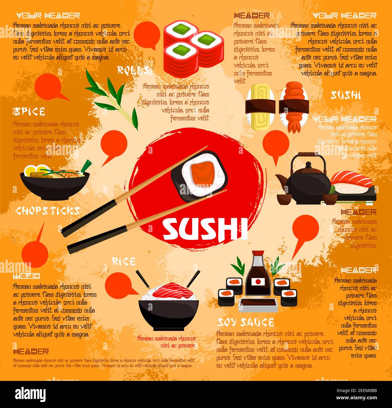 Sushi bar poster or menu template for Japanese seafood restaurant
