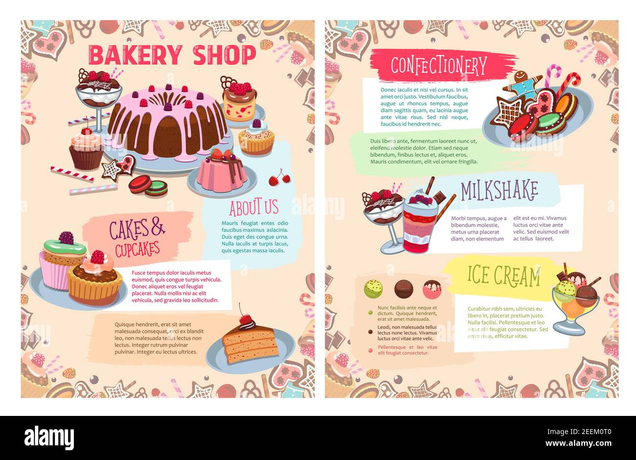 Bakery shop posters set of sweet desserts and biscuit cakes. Vector