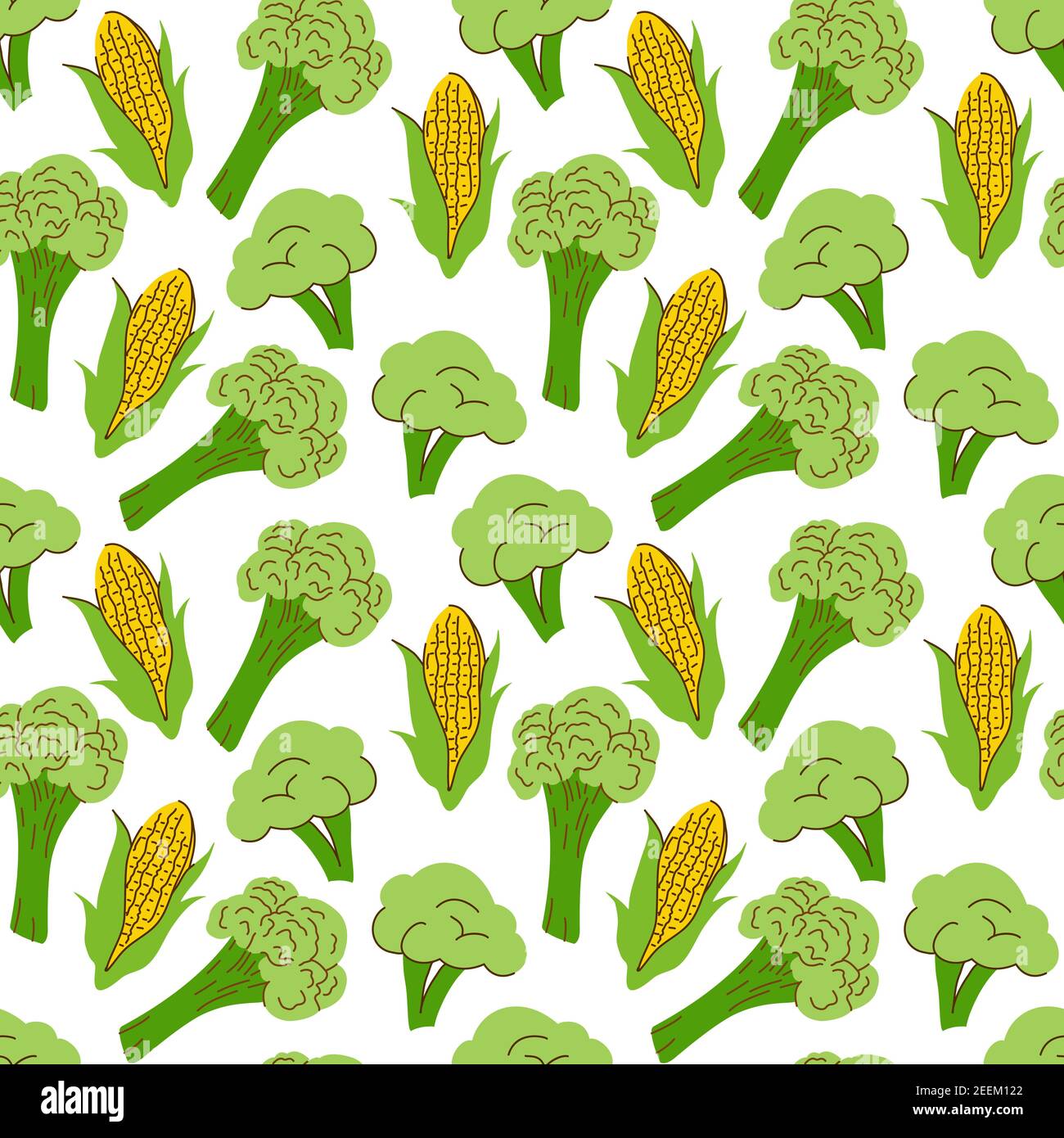 vegetable pattern with composition Corn cobs and broccoli element . Perfect for food background, wallpaper, textile. Vector illustration Stock Vector