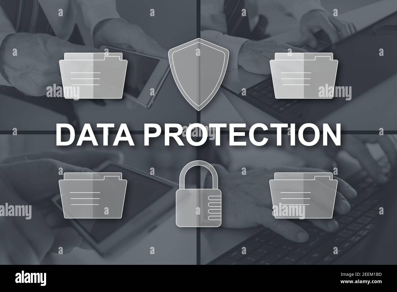 Data protection concept illustrated by pictures on background Stock ...