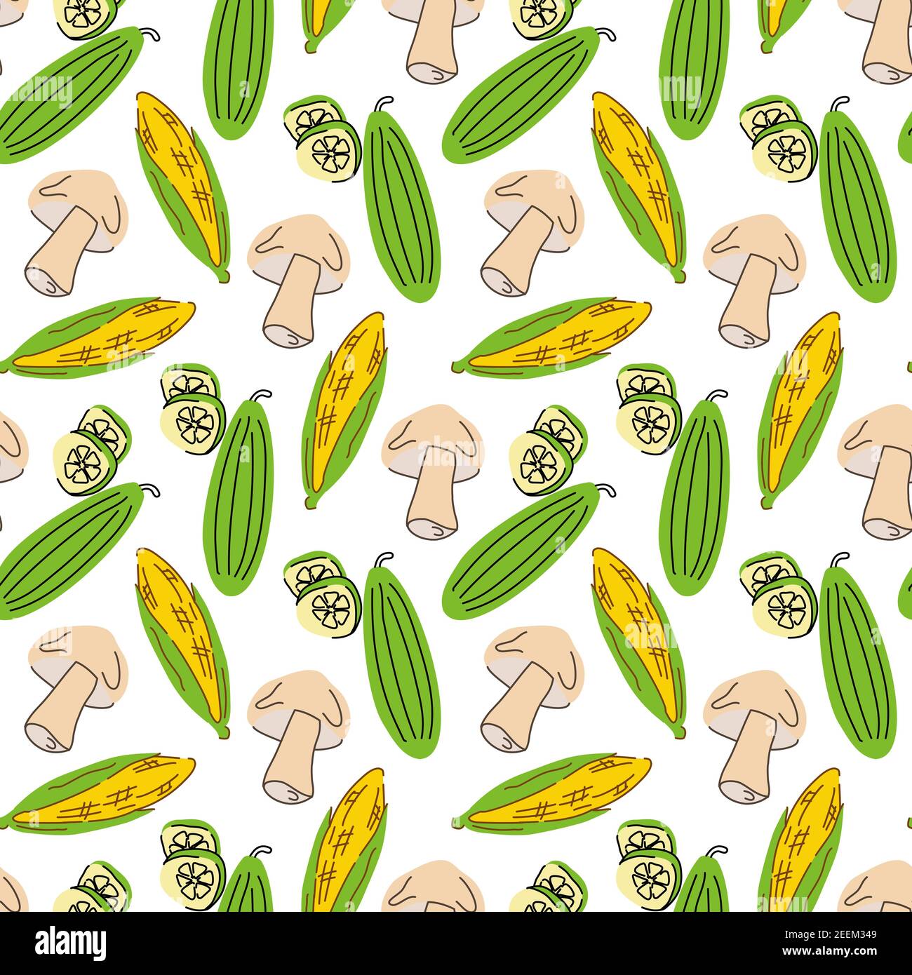Seamless pattern vegetables with elements of mushrooms, cucumber, corn. Vector illustration Stock Vector