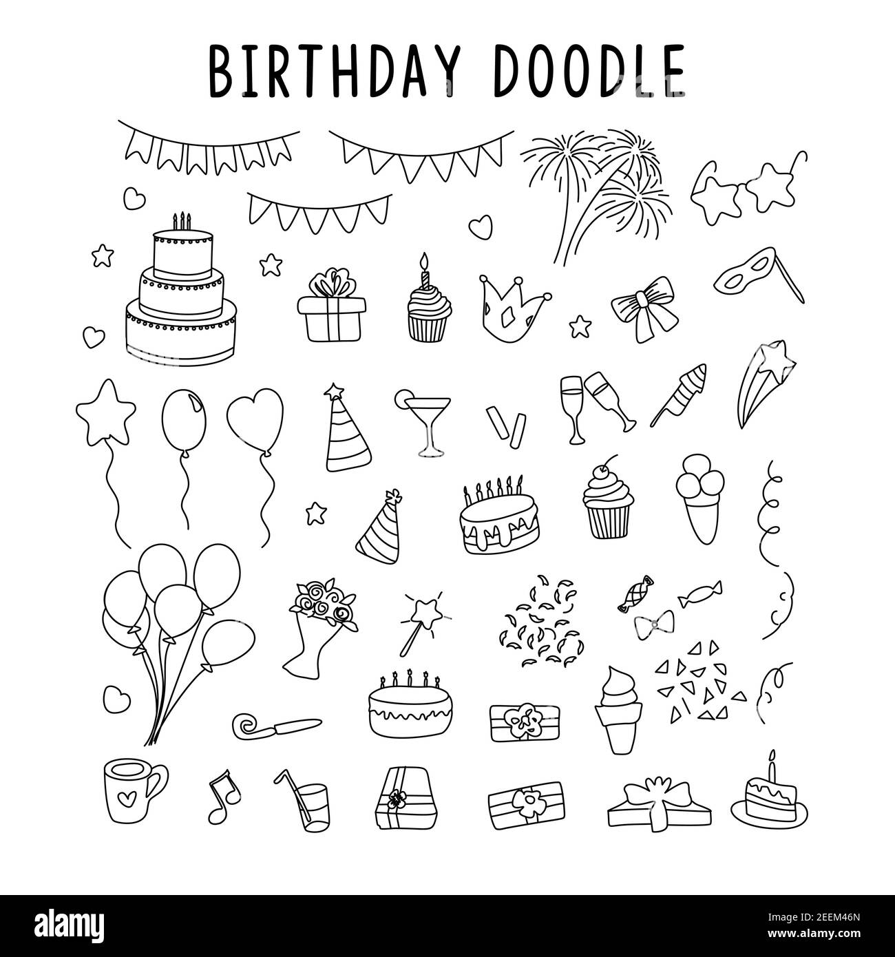 set of element doodle decoration birthday. vector set of elements for birthday and party doodles Stock Vector