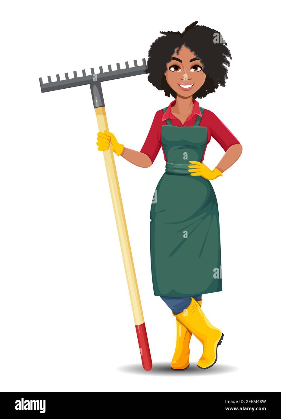 Stock vector young African American gardener woman. Beautiful lady farmer cartoon character holding rake Stock Vector