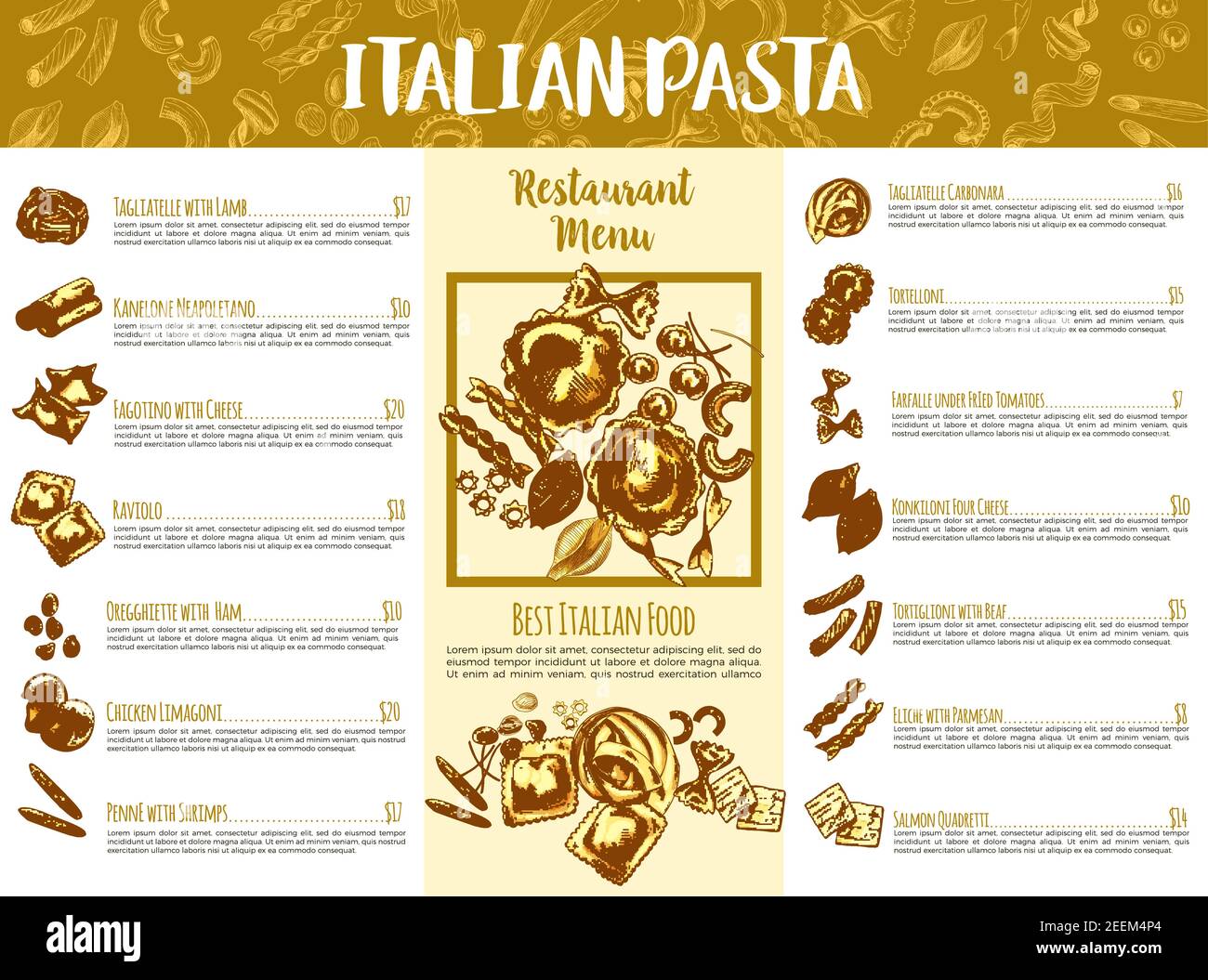 Italian pasta menu template. Italian cuisine restaurant traditional food  menu list of pasta served with cheese, vegetable sauce, meat, seafood and  fis Stock Vector Image & Art - Alamy