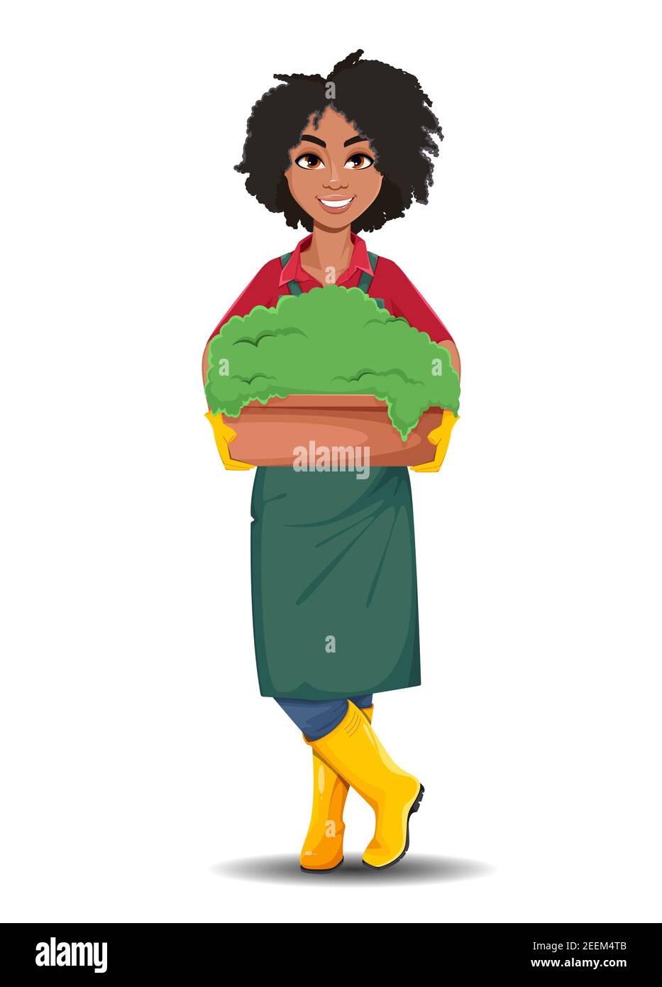 Stock vector young African American gardener woman. Beautiful lady farmer cartoon character standing with big green plant Stock Vector