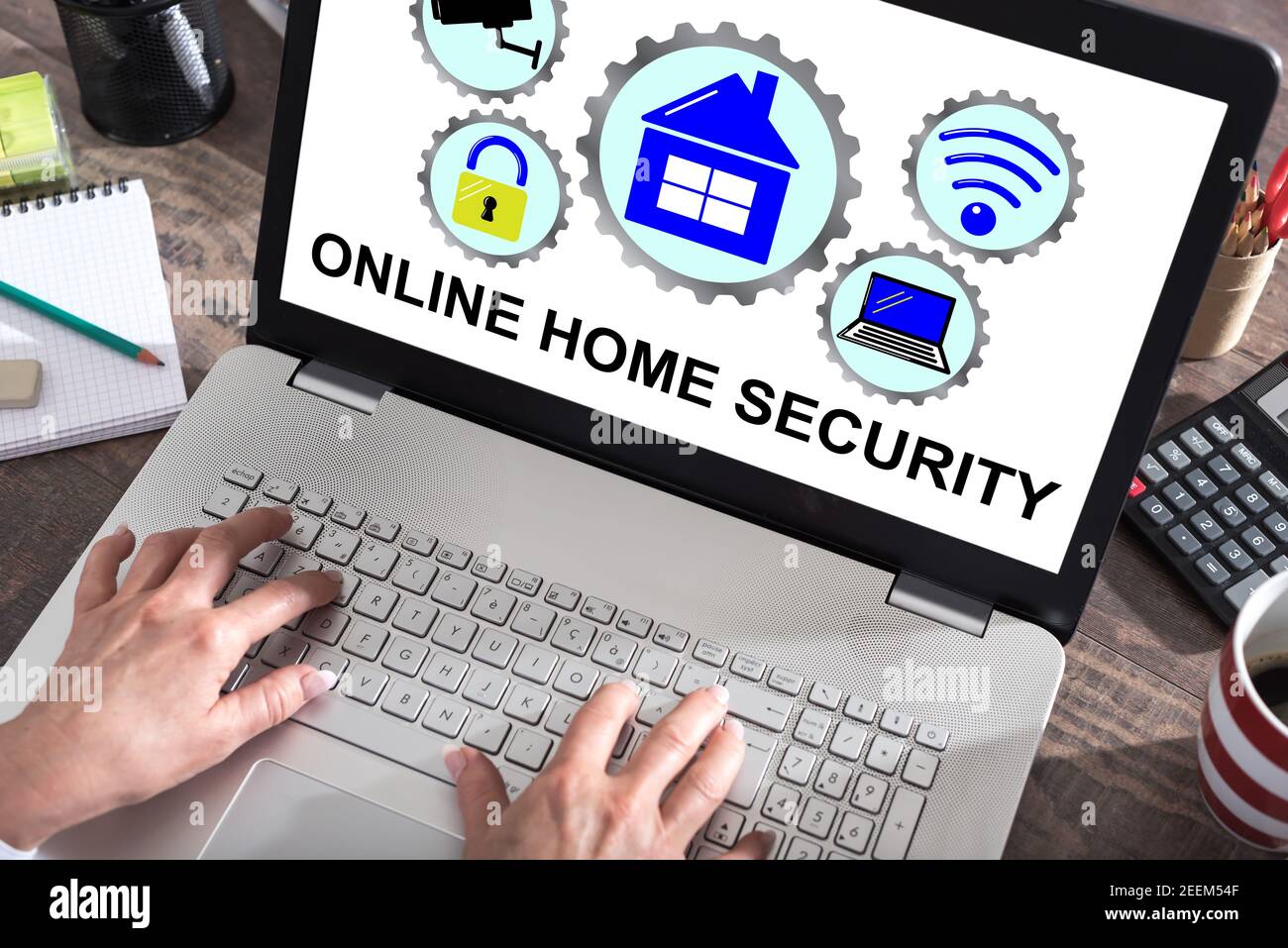 Online home security concept shown on a laptop screen Stock Photo