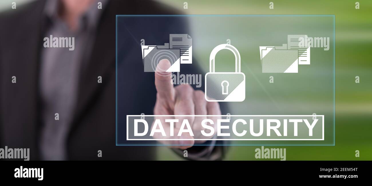 Man touching a data security concept on a touch screen with his finger ...