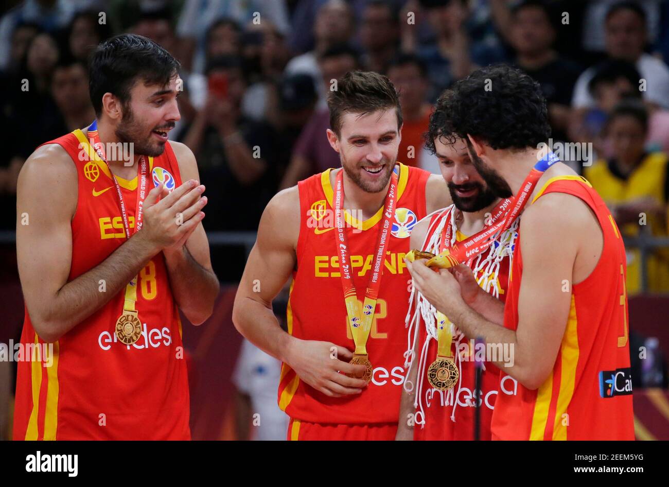 Basketball - FIBA World Cup - Final - Argentina v Spain - Wukesong Sport Arena, Beijing, China - September 15, 2019   Spain's Pierre Oriola, Xavier Rabaseda, Sergio Llull and Javier Beiran celebrate after winning the FIBA World Cup REUTERS/Jason Lee Stock Photo
