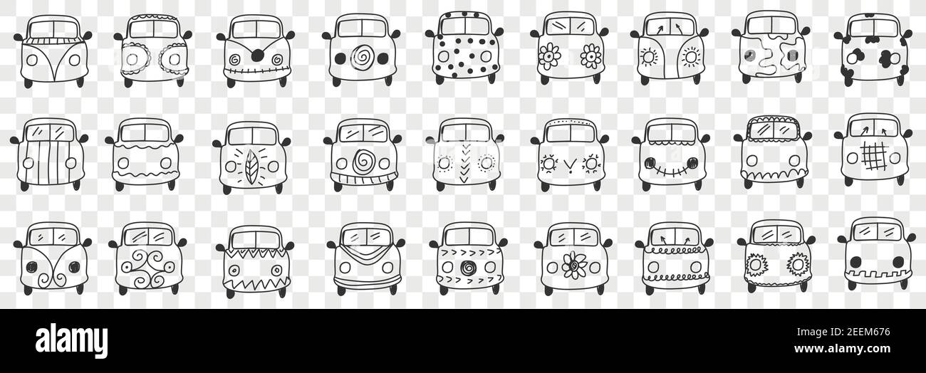 Cars hood and windshield doodle set. Collection of hand drawn cars vehicles hoods and windshields with various patterns and windows isolated on transparent background Stock Vector