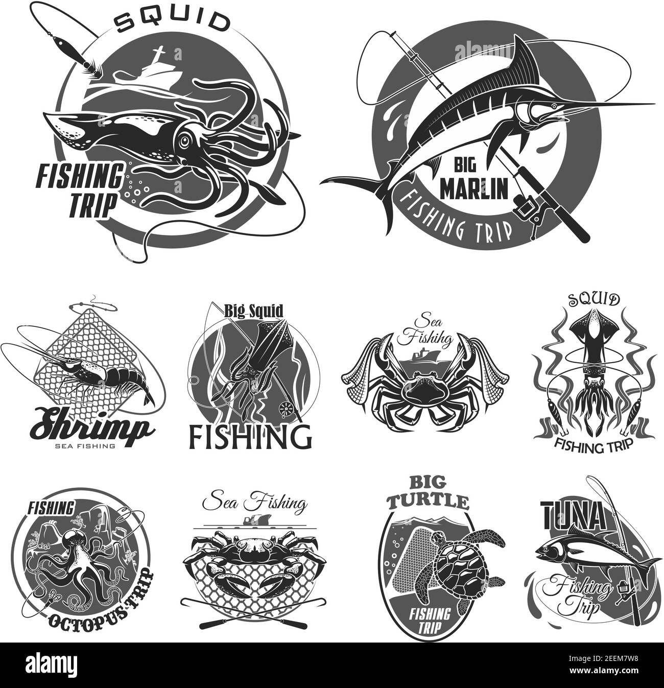 Fishing trip or fisherman club icons set of big fish on hook and tackle. Vector isolated badges of squid, turtle or shrimp and fishing rod with lure o Stock Vector
