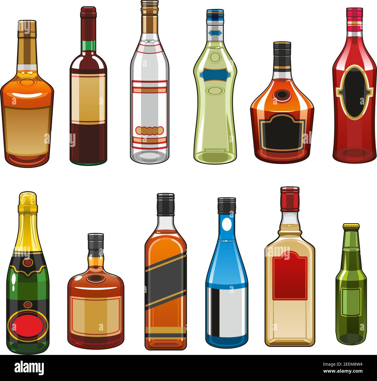 Alcohol drinks bottles icons. Vector isolated set of whiskey, champagne or sparkling vine and gin with vermouth or brandy liquor, party beverages rum, Stock Vector