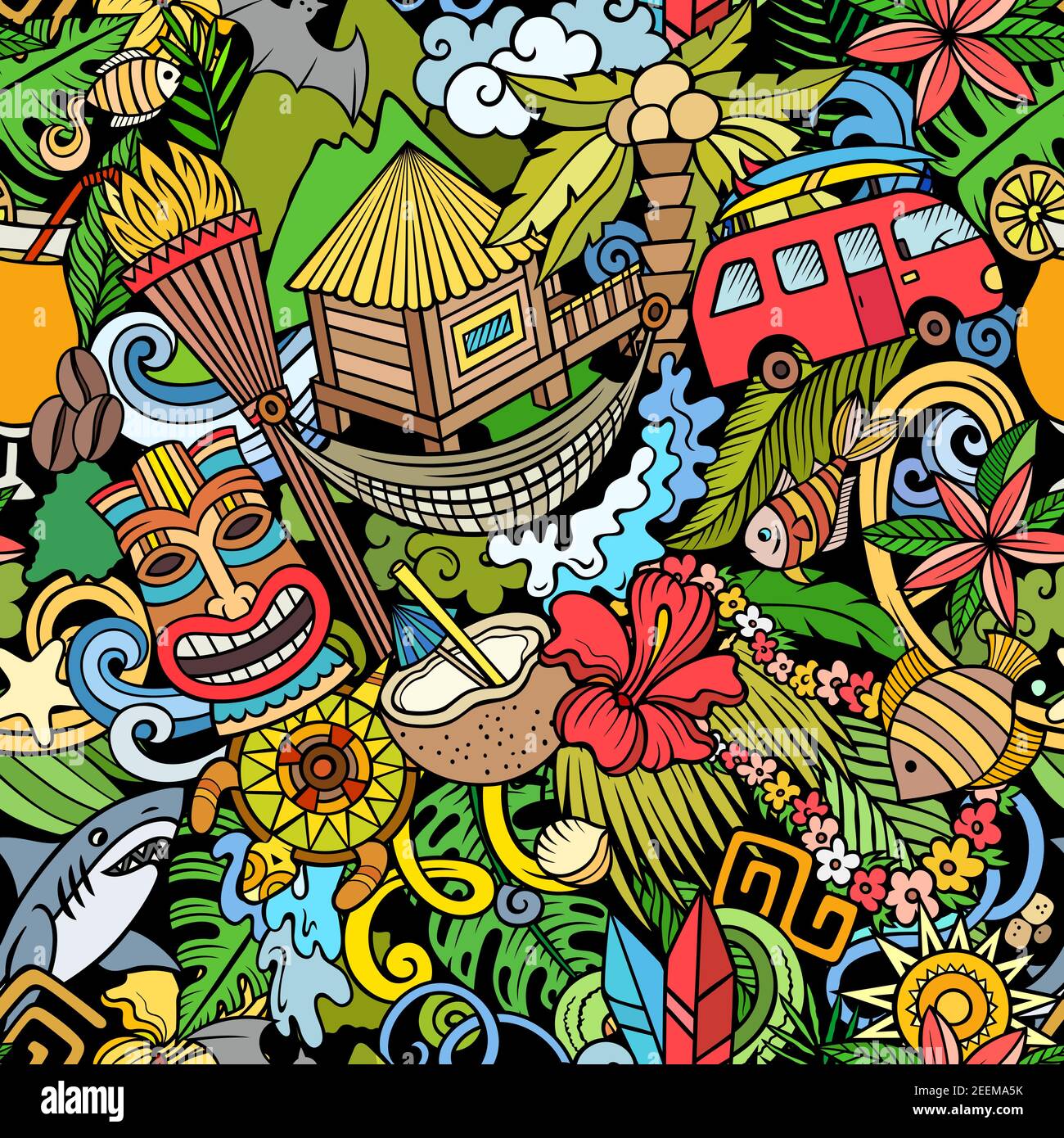 Cartoon doodles Hawaii seamless pattern. Stock Vector