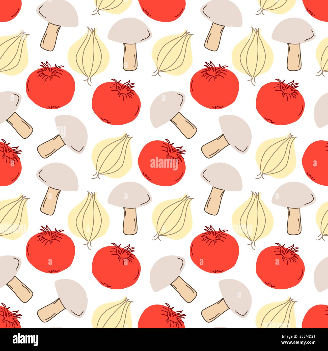 Seamless pattern vegetables with elements of mushrooms, tomatoes, garlic. Vector illustration Stock Vector