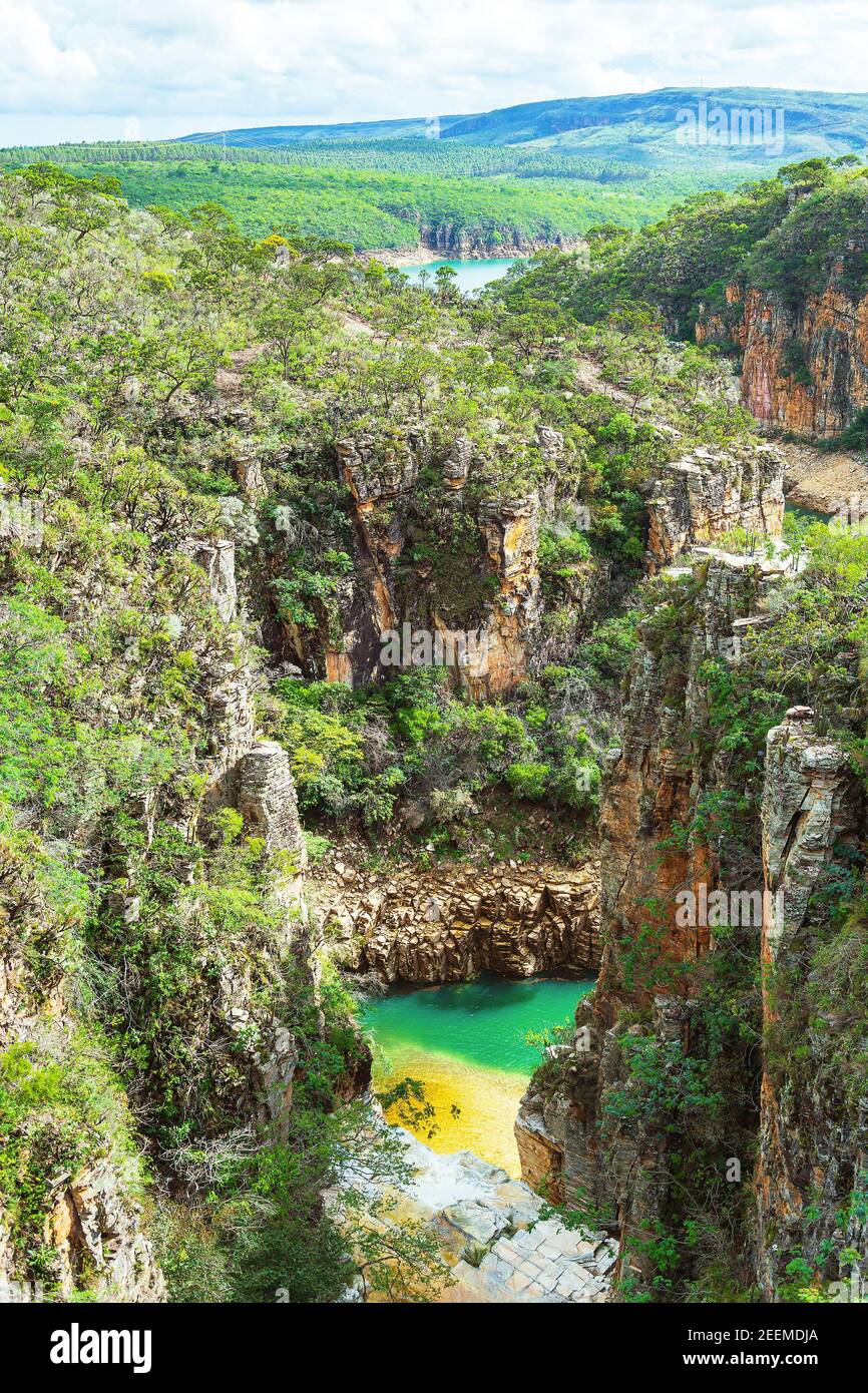 Canyons of Furnas on a sunny day, city's postcard of Capitólio MG Brazil. Landscape of eco tourism of Minas Gerais. Green water of lake and golden col Stock Photo