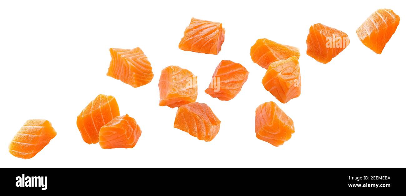 Falling salmon slices isolated on white background Stock Photo