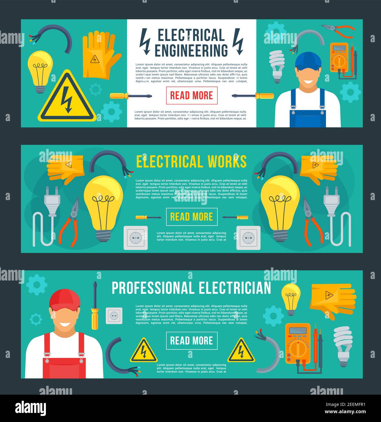 Electrical engineering banners templates set. Vector electrician worker man and flat work tools of electricity fuse, wire-cutter or light lamp bulb an Stock Vector