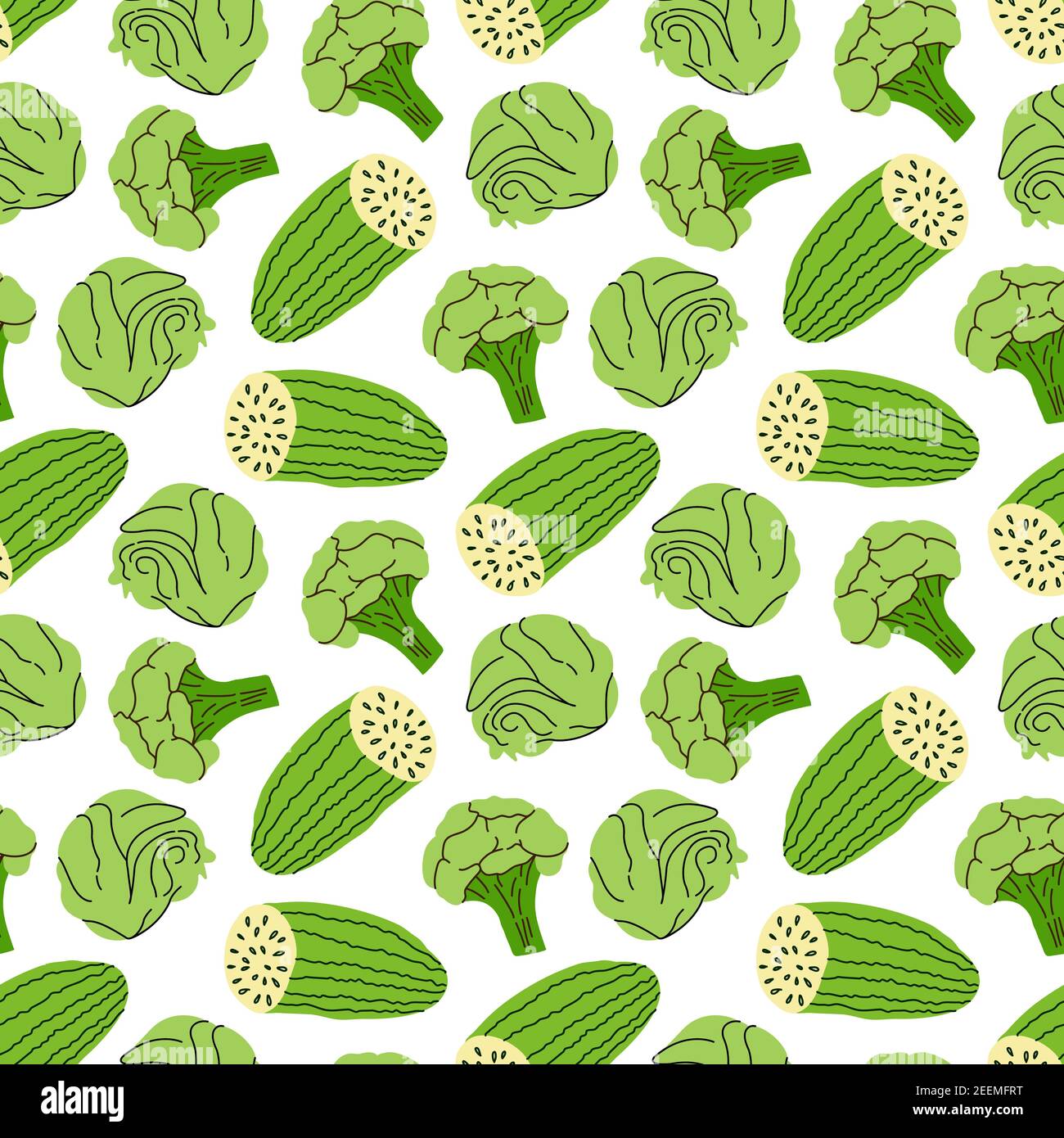 vegetable pattern with cucumber, broccoli, cabbage element vector illustration Stock Vector