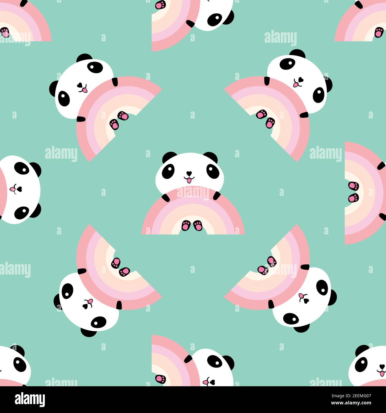 Kawaii panda rainbow seamless vector pattern background. Backdrop with cute black and white sitting cartoon bears holding on to pastel rainbows Stock Vector