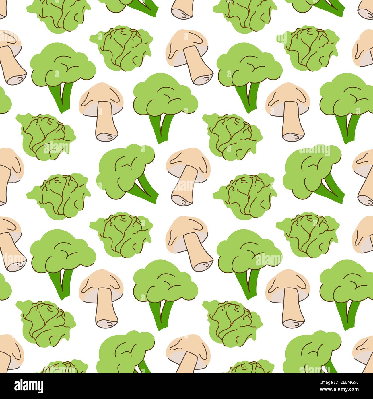 vegetable pattern with composition broccoli, mushrooms, cabbage element. Perfect for food background, wallpaper, textile. Vector illustration Stock Vector