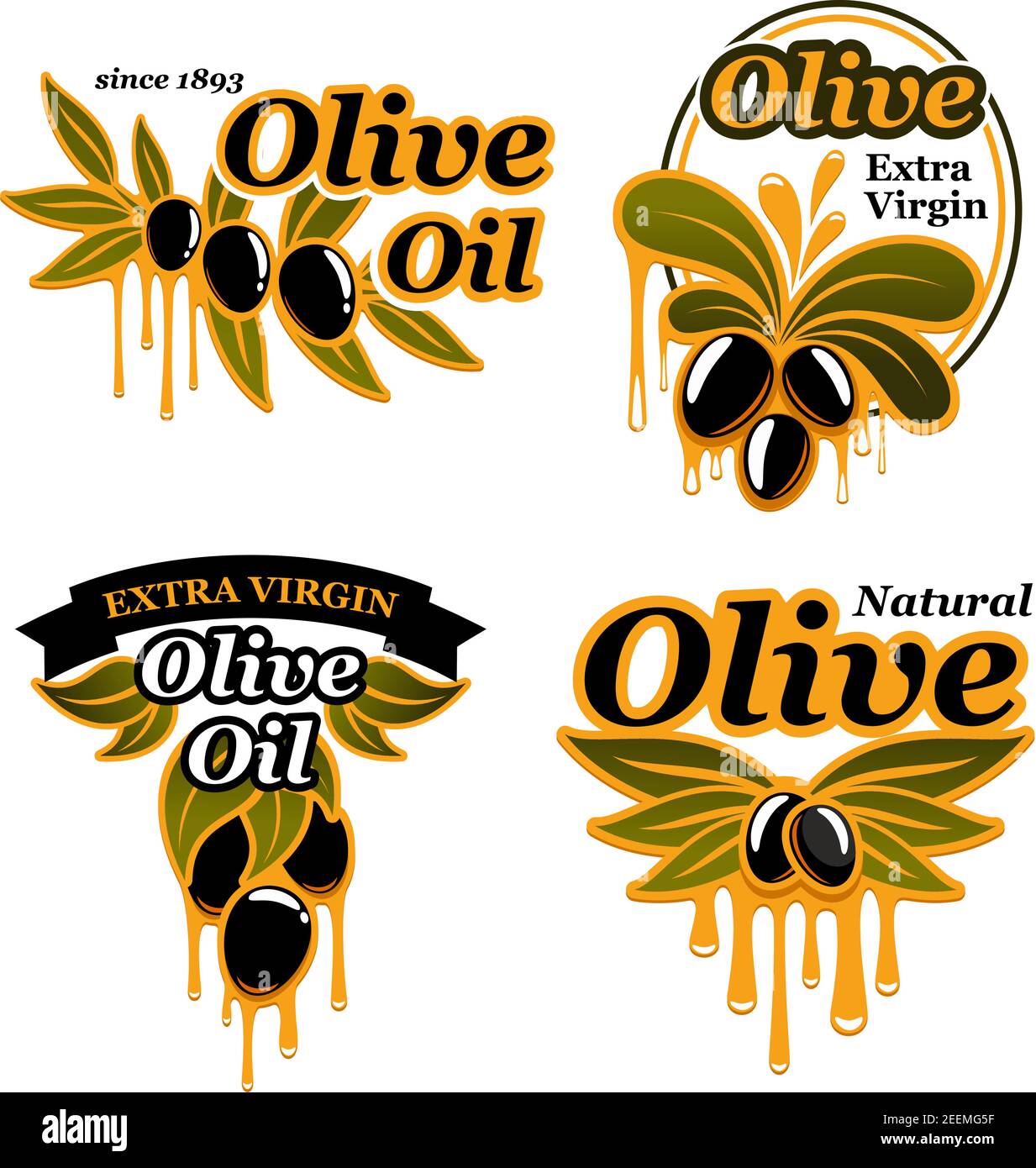Olive oil and olives icons for cooking olive oil product. Vector ...
