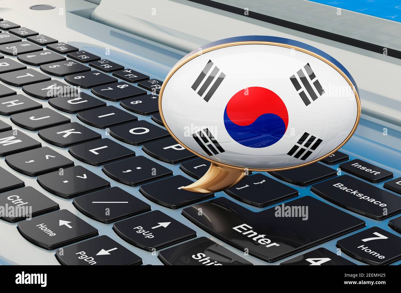 Learn Korean online concept. Speech balloon with South Korean flag, 3D rendering isolated on white background Stock Photo