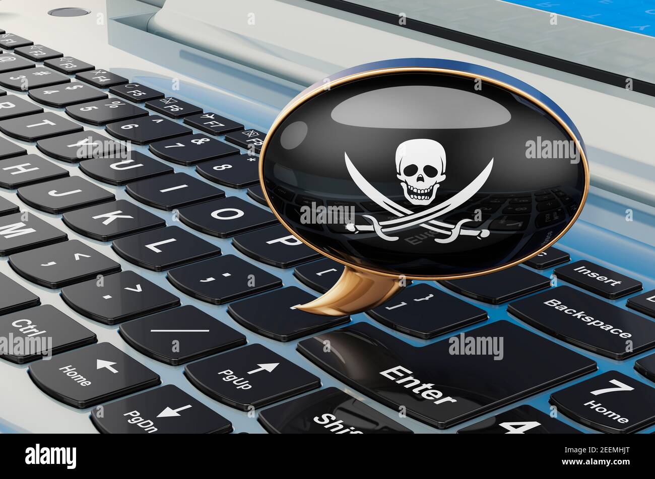 Speech balloon with piracy flag on keyboard laptop, 3D rendering ...