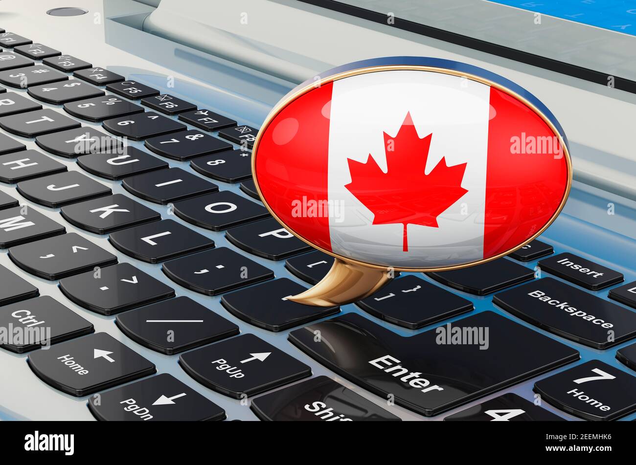 Speech balloon with Canadian flag on keyboard laptop, 3D rendering