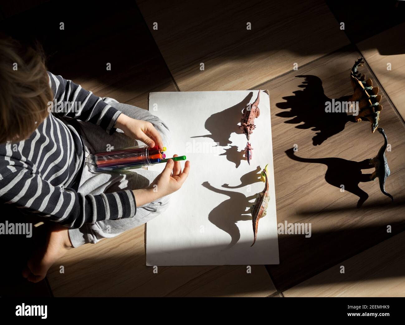 preschooler at home plays with shadows from figures of toy dinosaurs, ideas for children's creativity, draw a shadow around the contour. Light and sha Stock Photo