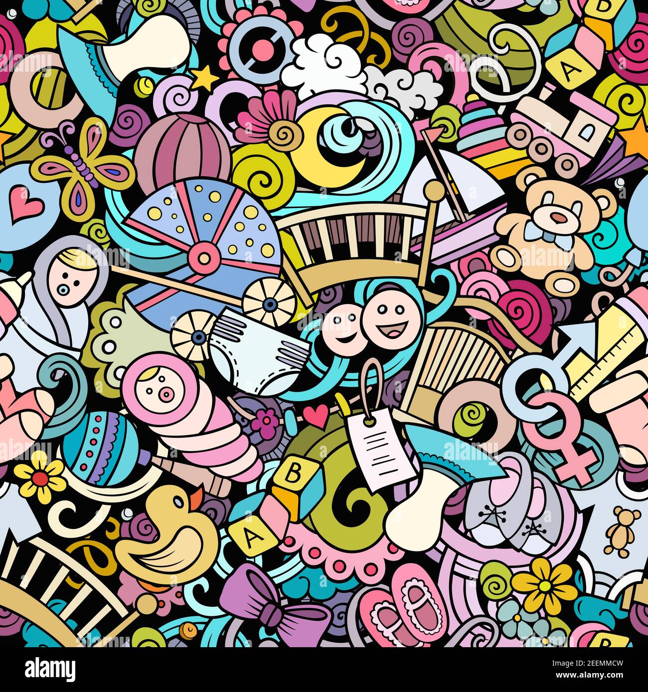 Cartoon cute doodles hand drawn Baby seamless pattern Stock Vector ...