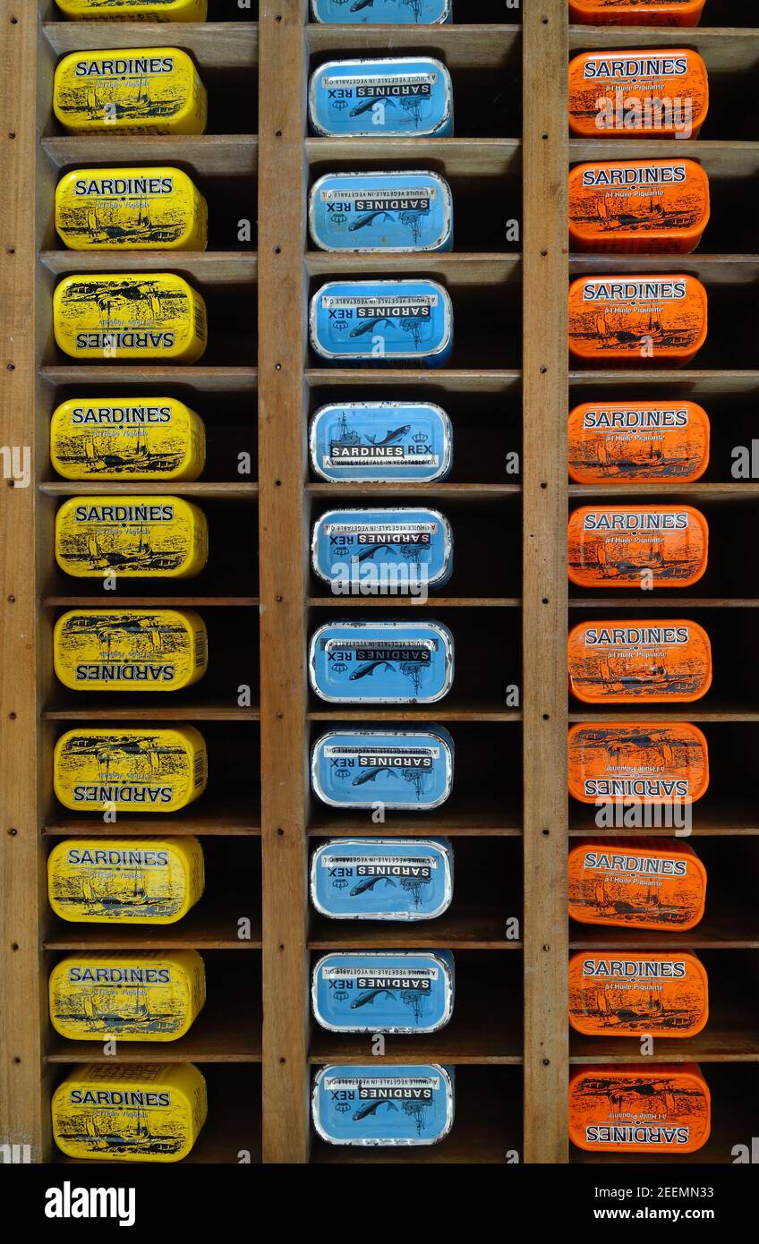 Display of Easy-open Sardine Cans, Sardine Tins or Tin Cans Stock Photo