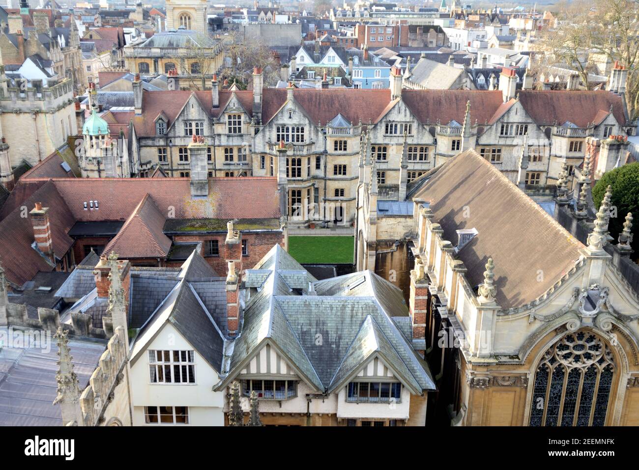 Aerial View or High Angle View over Rooftops of Oxford Old Town & Brasenose College, Oxford University, Oxfordshire England UK Stock Photo