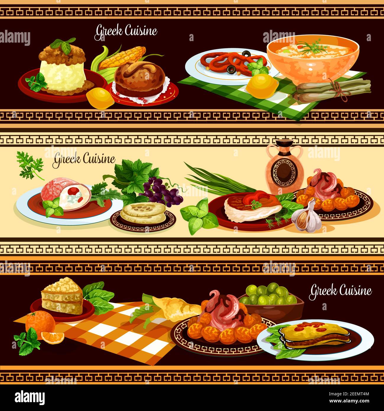 Greek cuisine restaurant banners. Meat roll with cheese and pickled olive, pita bread with herbs, fried fish with vegetables, eggplant casserole mouss Stock Vector