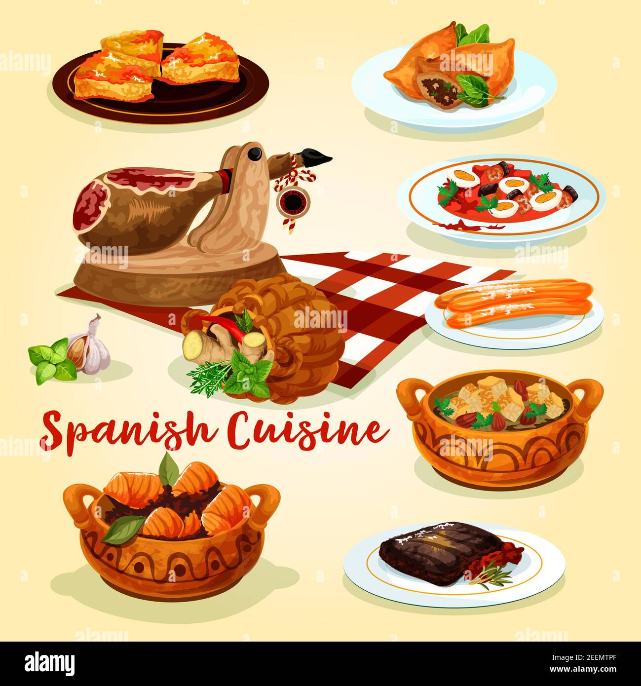 Spanish cuisine dishes poster of ham, sausage stew with vegetables and egg, beef steak, fish and lamb pie, tuna stew, almond soup with bread and fried Stock Vector