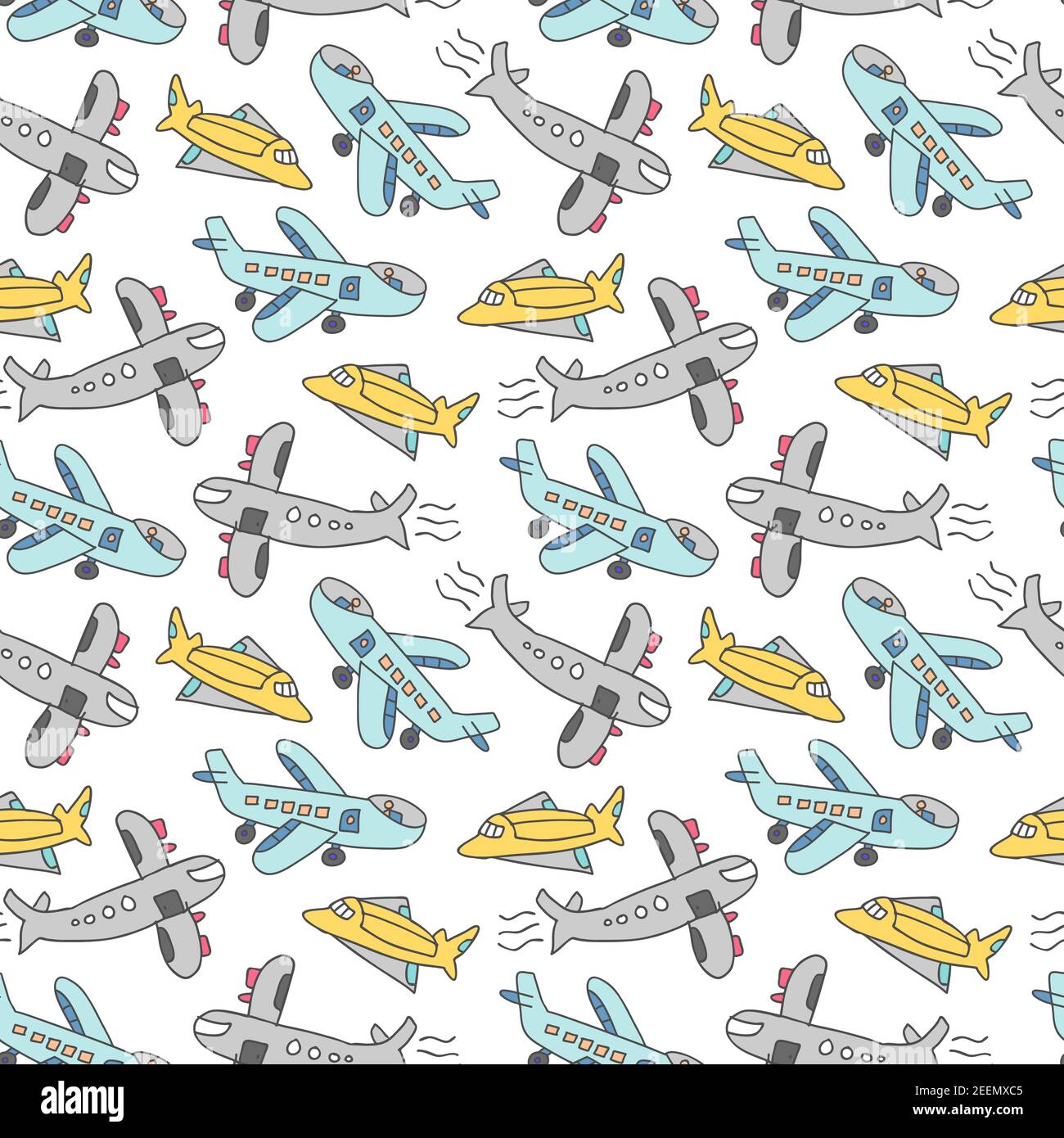 drawing of kids with airplane element. cute airplane's seamless pattern